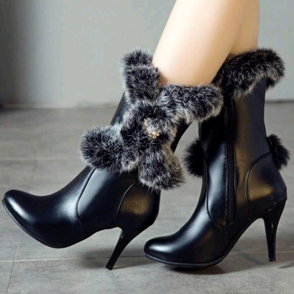 Pointed Toe High Heel Ankle Boots, Sexy New Rabbit Fur Short Boots For Winter - Picture 4 of 5